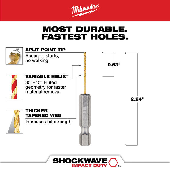 1/16" SHOCKWAVE Impact Duty RED HELIX Titanium Drill Bit image number 1